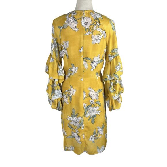 CHRISELLE x JOA Yellow Grey Floral Tiered Puff Sleeve Dress Size Medium No Belt - Picture 4 of 7